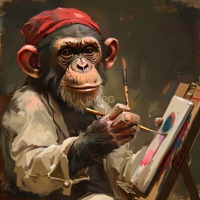 Der Affenmaler: Schimpanse am Staffelei mit rotem Bandana